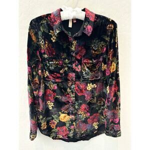 ANTHROPOLOGIE | Pilcro Velvet Button Down Shirt Black Red Floral Blouse | XS